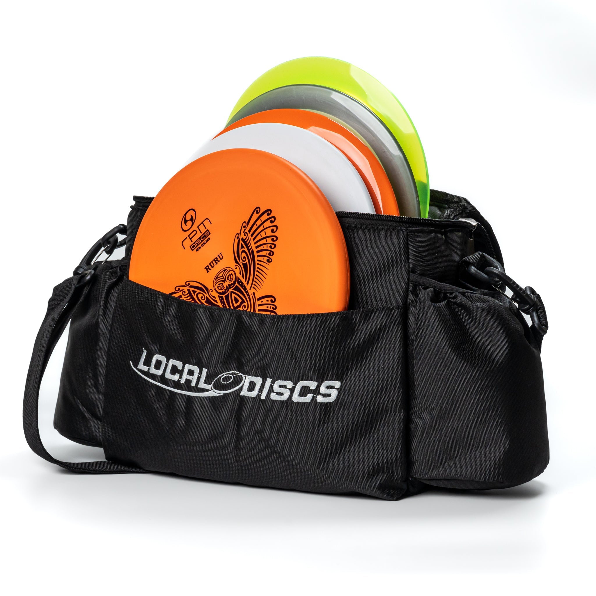 Black Disc Golf Bag filled with discs on white a background