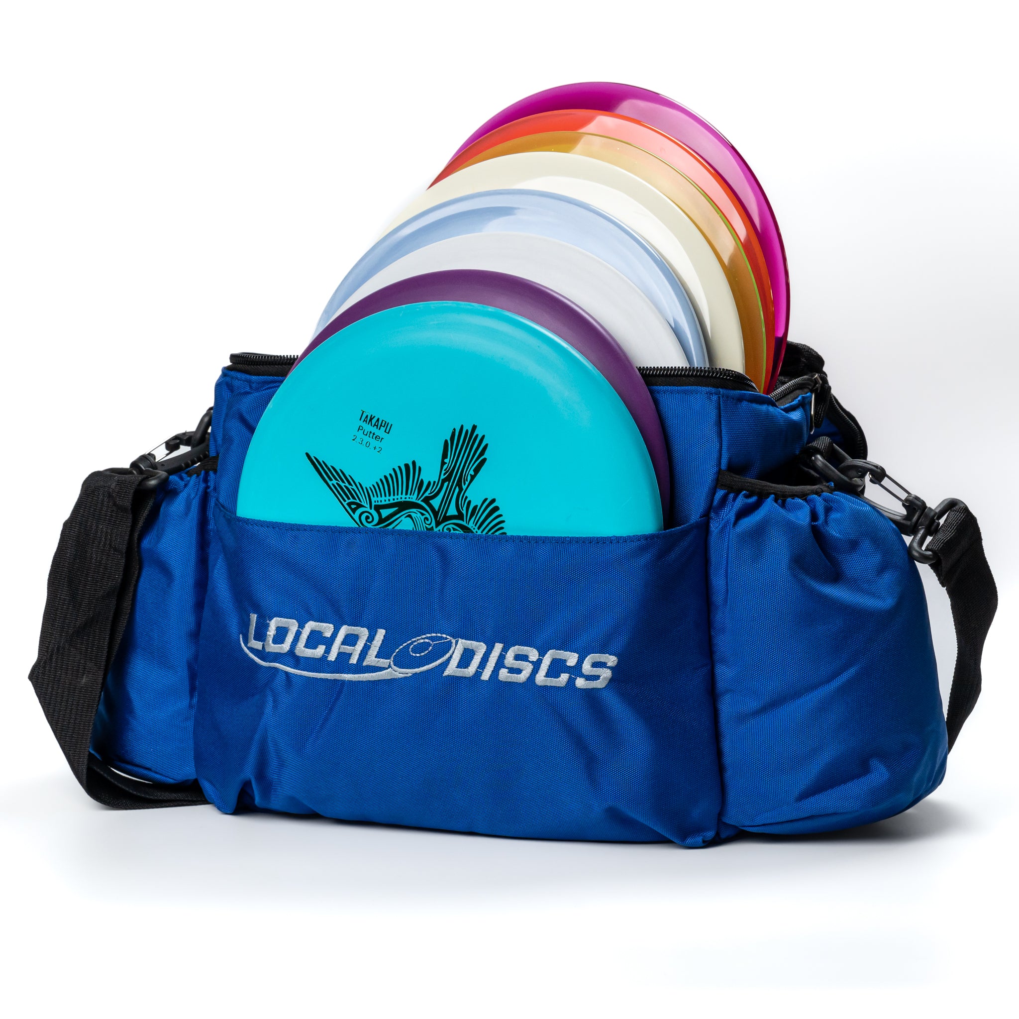 Local Discs Pro Deluxe Disc Golf Set with blue bag and Takapu putter