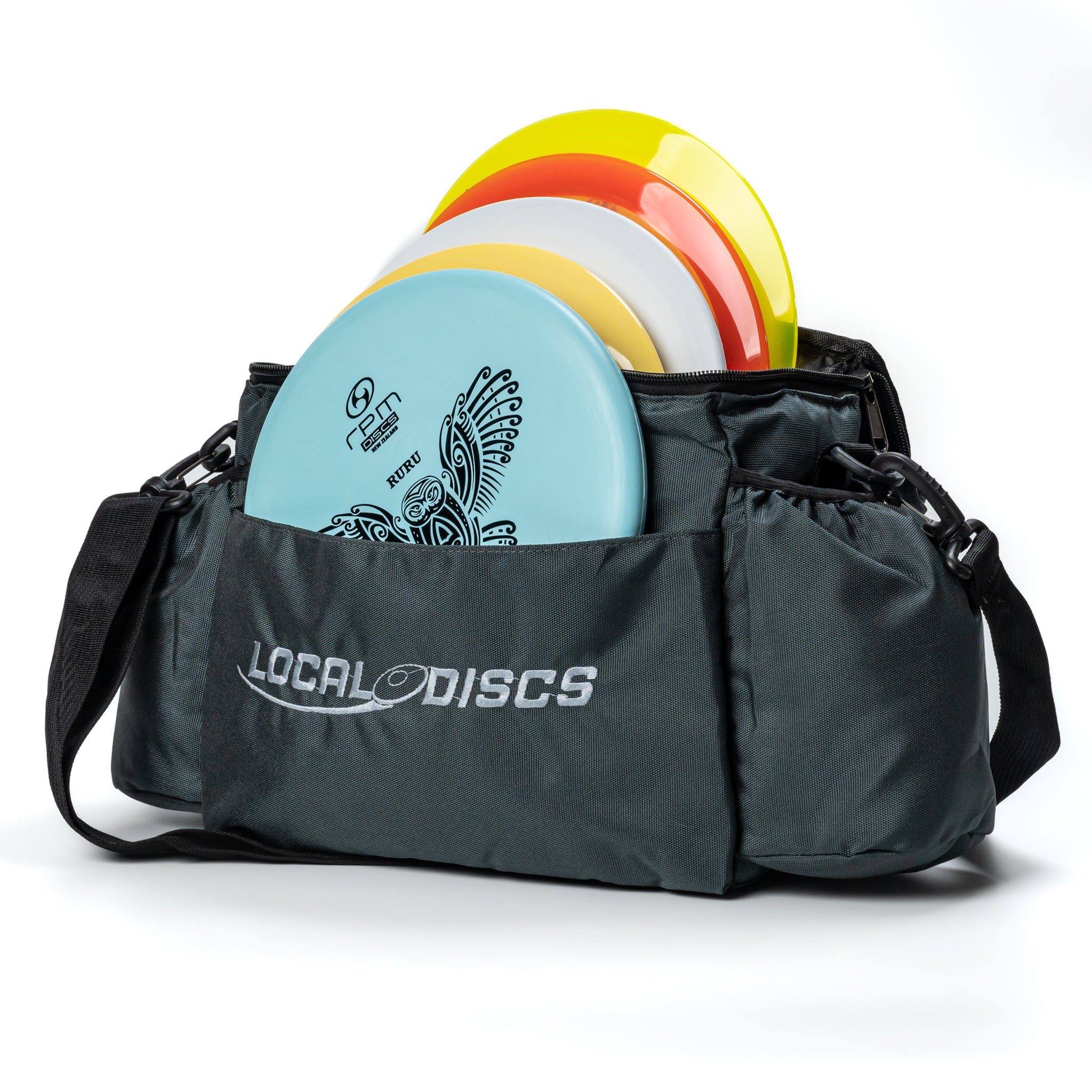 Local Discs Pro Starter Disc Golf Set with grey bag and Ruru putter